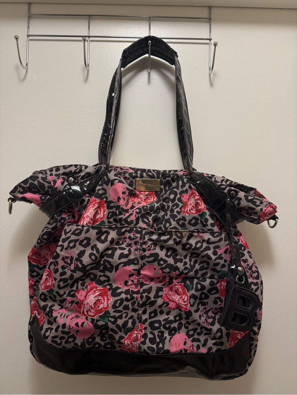 Betsey Johnson Black & Pink Floral, Leopard & Skull Tote